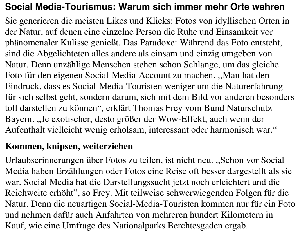 Artikel über Social-Media-Tourismus und Naturfotografie mit Überschrift und Fließtext